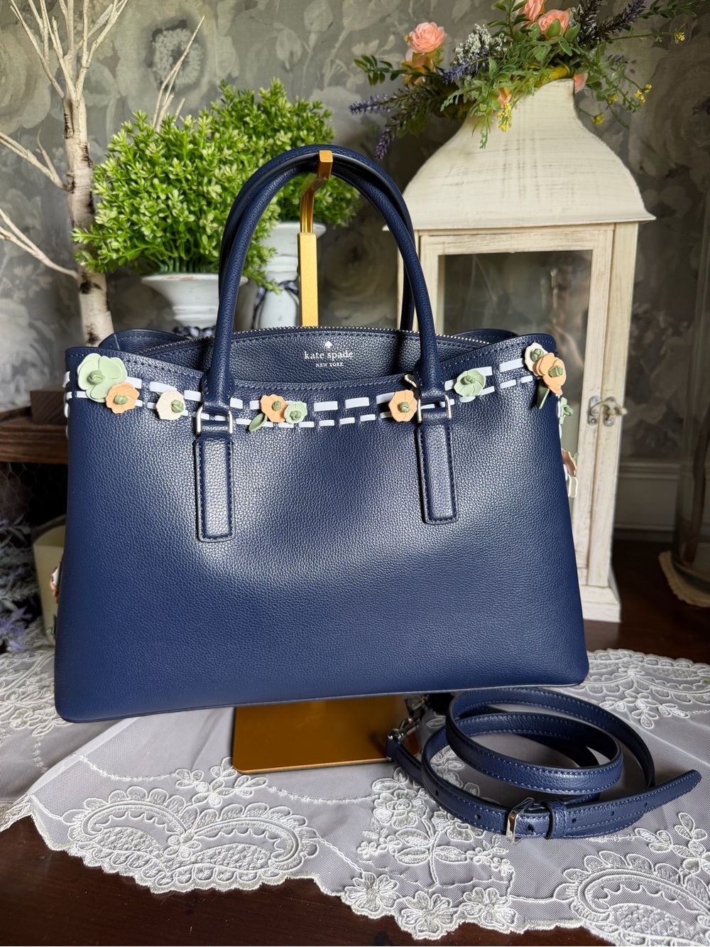 kate spade Thompson Navy Floral Appliqué Leather Satchel with Pastel Flowers